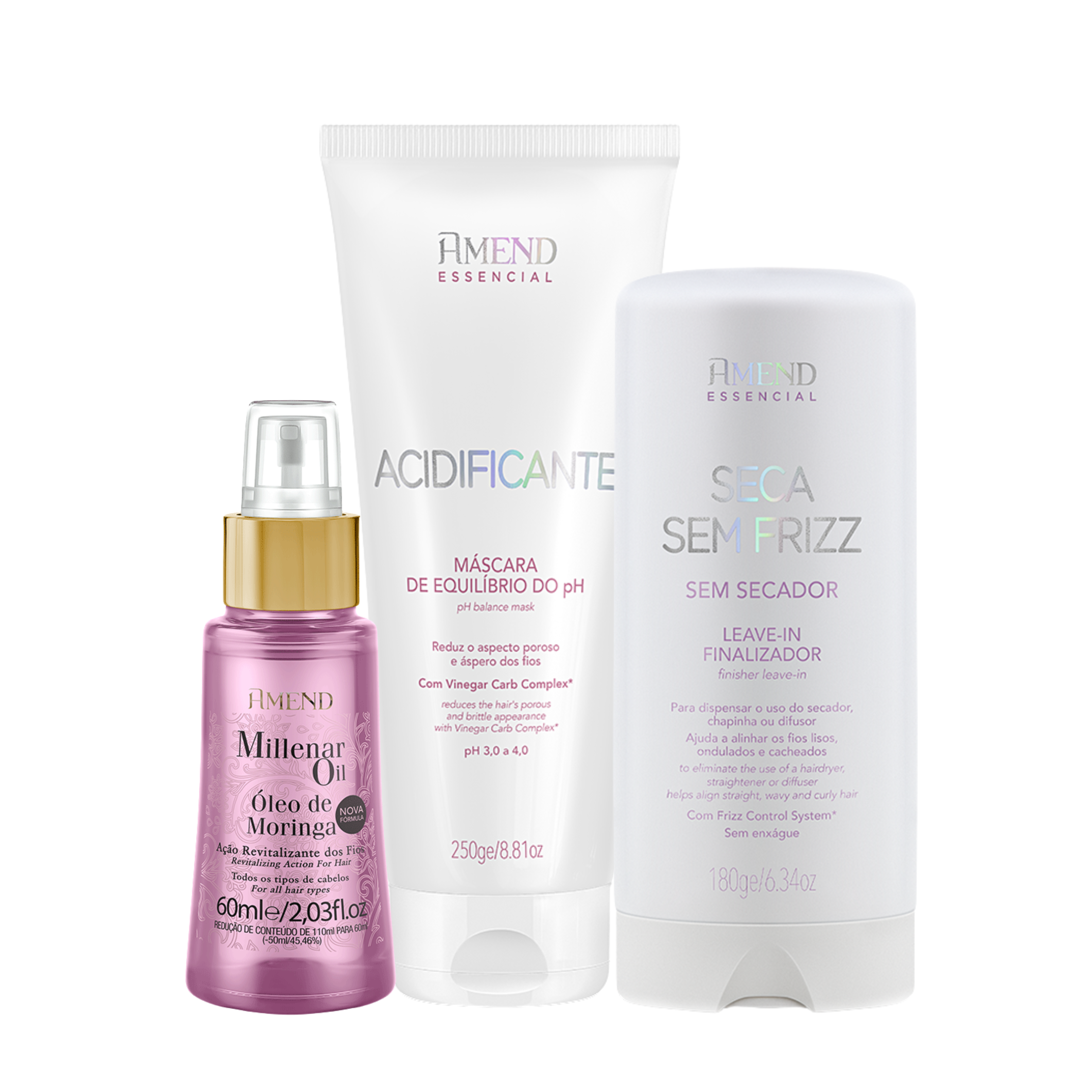 Kit Acidificante + Seca Sem Frizz + Óleo Moringa | 3 produtos